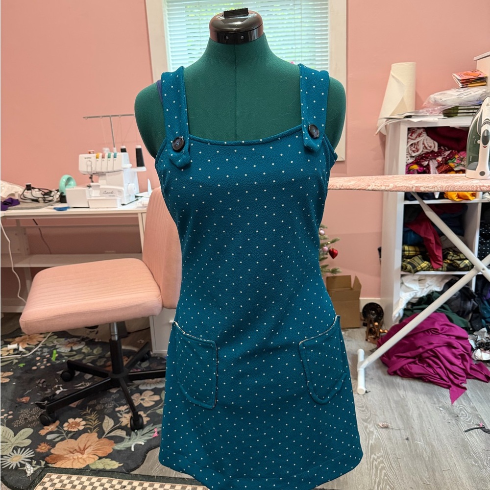 OOAK handmade Teal Polka dot retro pinafore